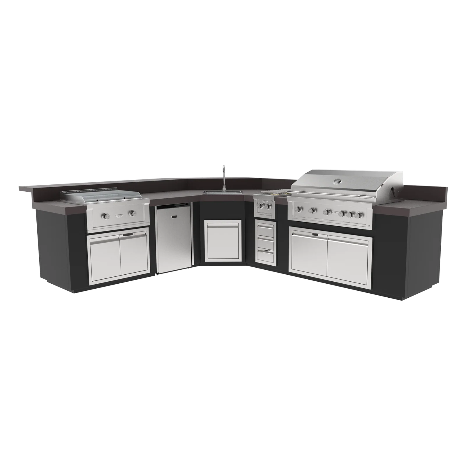 Videl USA Maestro 144L L-Shaped Outdoor Kitchen Island with 42″ Gas Grill, 30″ Griddle, Side Burner, Fridge & Sink