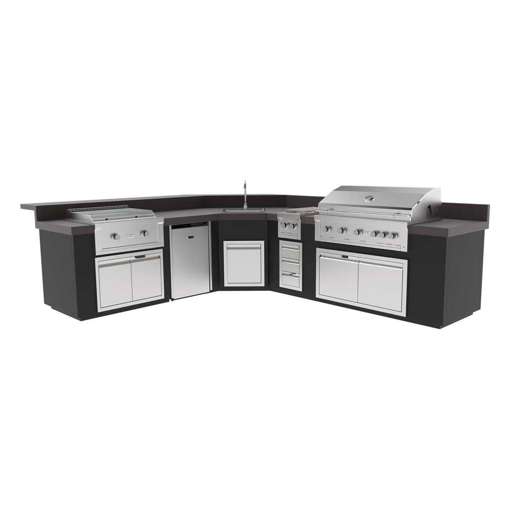 Videl USA Maestro 144L L-Shaped Outdoor Kitchen Island with 42″ Gas Grill, 30″ Griddle, Side Burner, Fridge & Sink