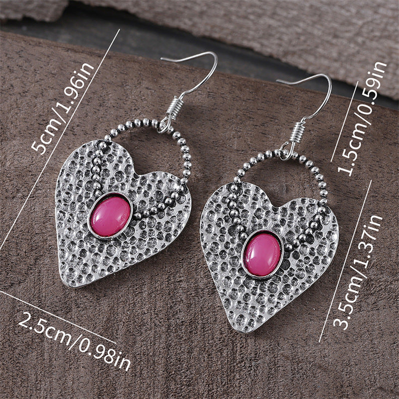 Retro Heart-shaped Alloy Earrings With Gemstone Accents