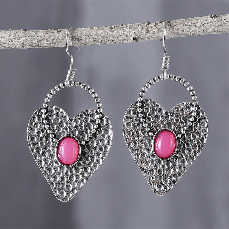 Retro Heart-shaped Alloy Earrings With Gemstone Accents