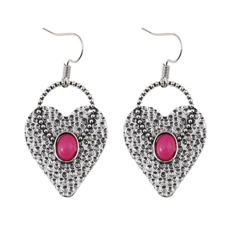 Retro Heart-shaped Alloy Earrings With Gemstone Accents