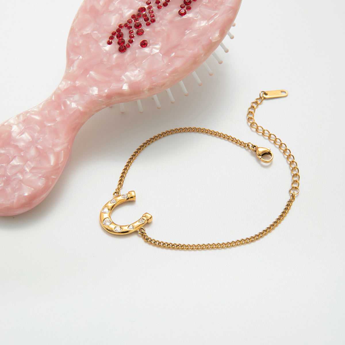 Stainless Steel Lucky Horseshoe Bracelet With White Accents