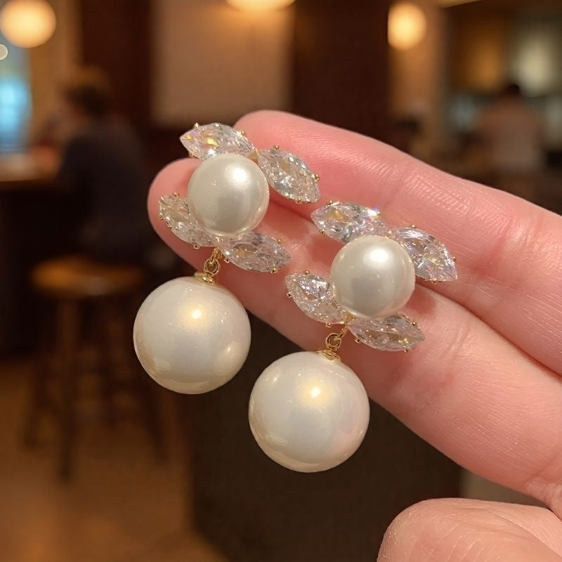 Pearl Stud Earrings With Zircon Accents Fashionable Ear Jewelry
