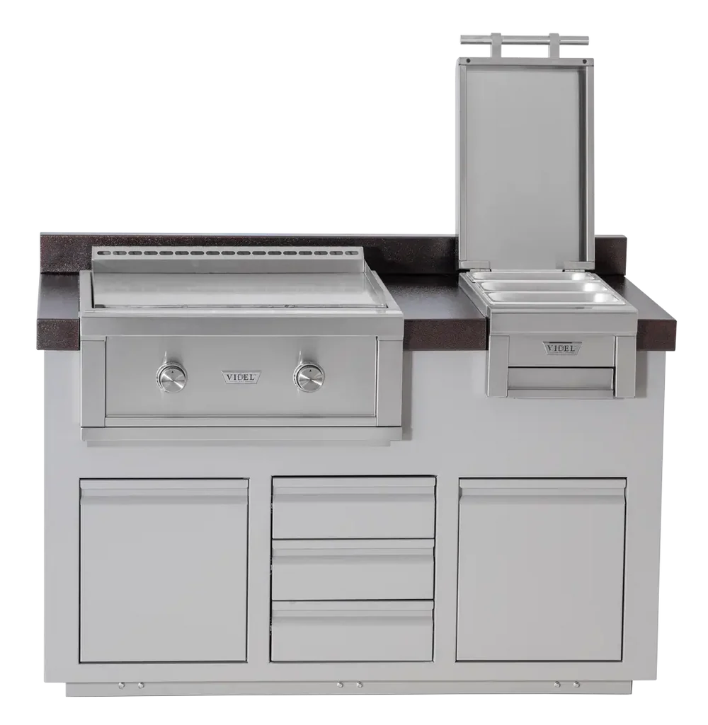 Videl USA Alta 60IB Outdoor BBQ Island with Gran Plancha 30″ Griddle, Food Warmer & Storage | Luxury Patio Grill Station