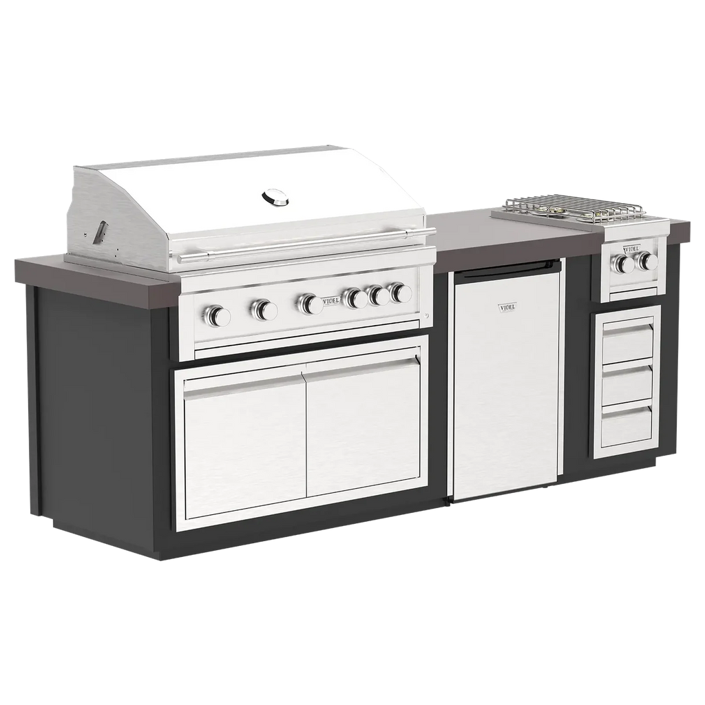 Videl USA Luxe 96I Outdoor Kitchen Island with 42″ Gas Grill, Side Burner, Refrigerator & Storage – Complete BBQ Island
