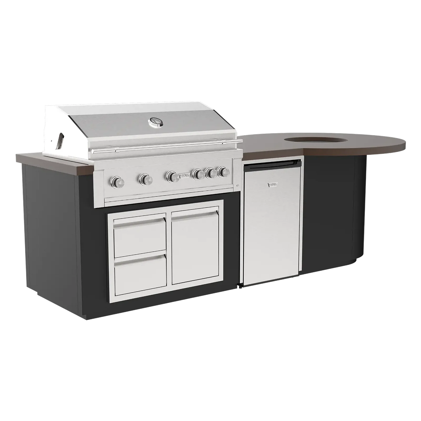 Videl USA Luxe 112I Outdoor Kitchen Island with 42″ Gas Grill, Fire Pit, 4.5 Cu Ft Refrigerator & 42″ Storage Doors