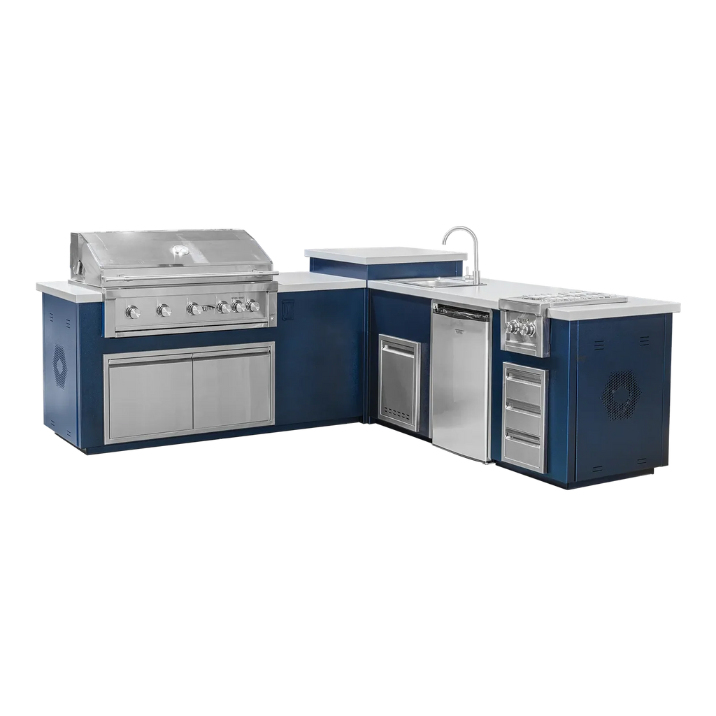 Videl USA Maestro 112LB Outdoor Kitchen Island with 42″ Gas Grill, Side Burner, Fridge, Sink & Fire Pit