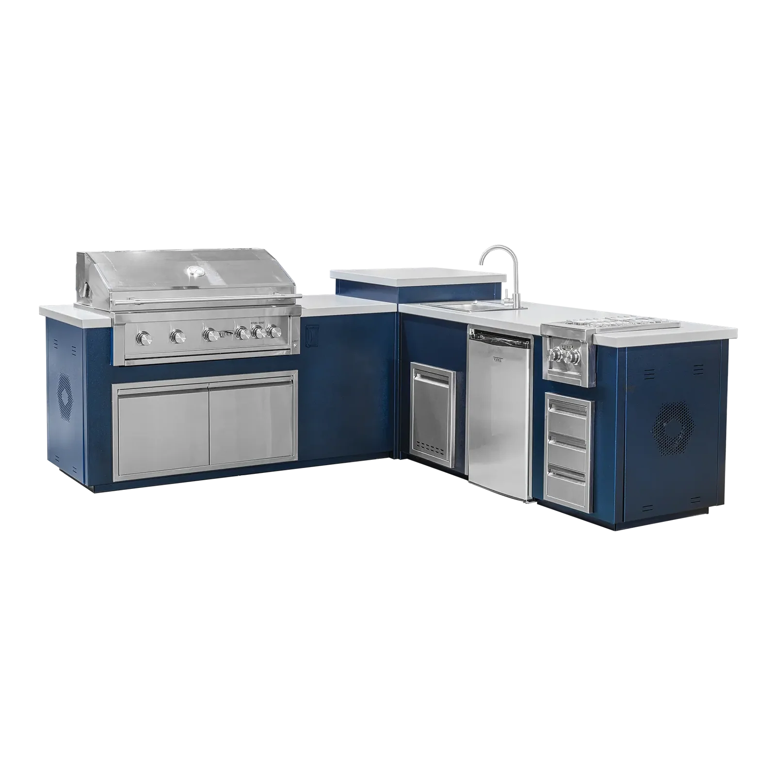 Videl USA Maestro 112LB Outdoor Kitchen Island with 42″ Gas Grill, Side Burner, Fridge, Sink & Fire Pit