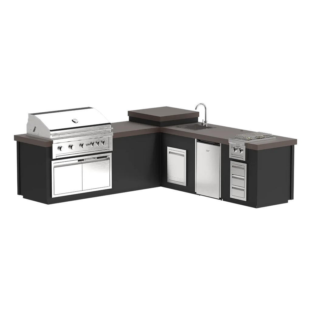Videl USA Maestro 112LB Outdoor Kitchen Island with 42″ Gas Grill, Side Burner, Fridge, Sink & Fire Pit
