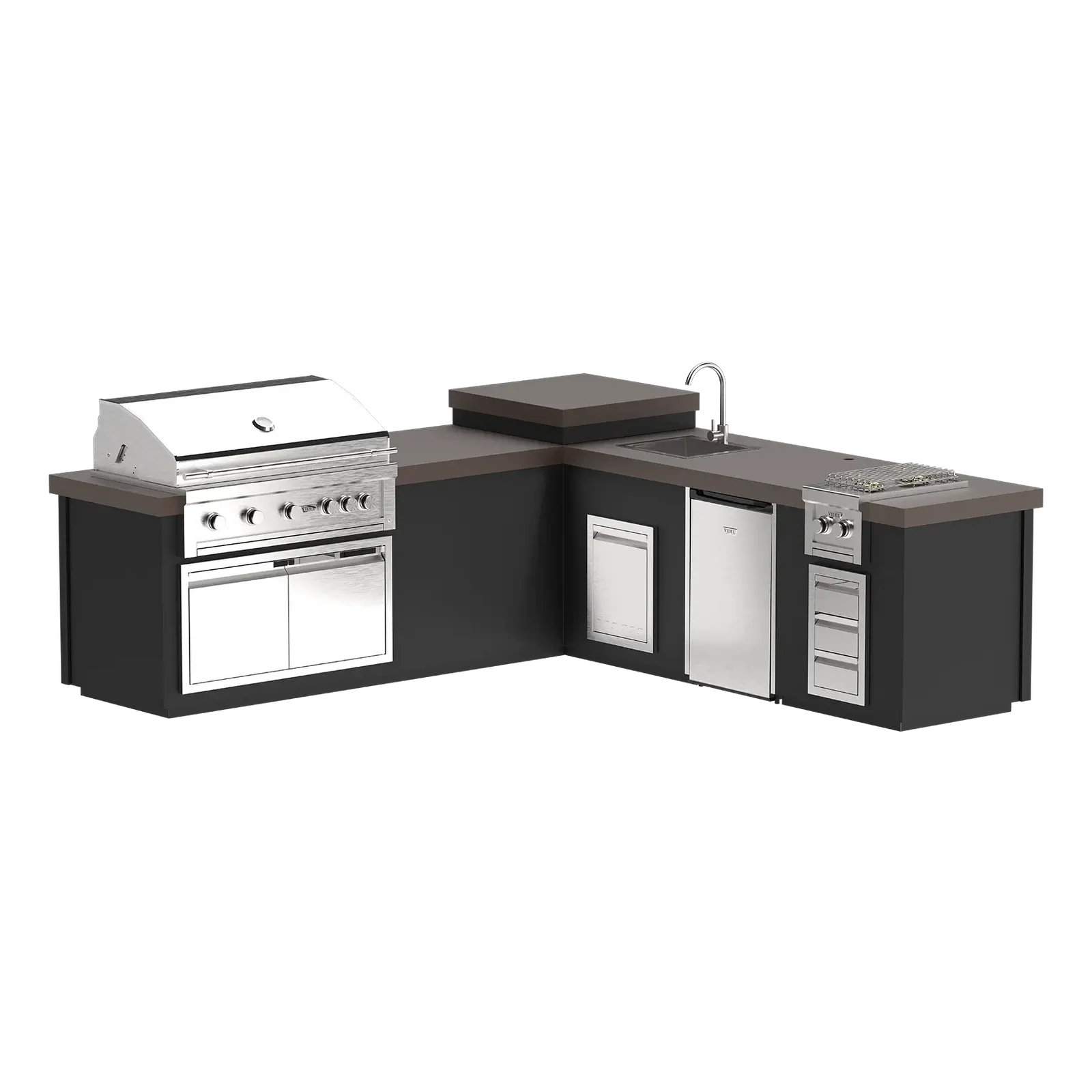 Videl USA Maestro 112LB Outdoor Kitchen Island with 42″ Gas Grill, Side Burner, Fridge, Sink & Fire Pit
