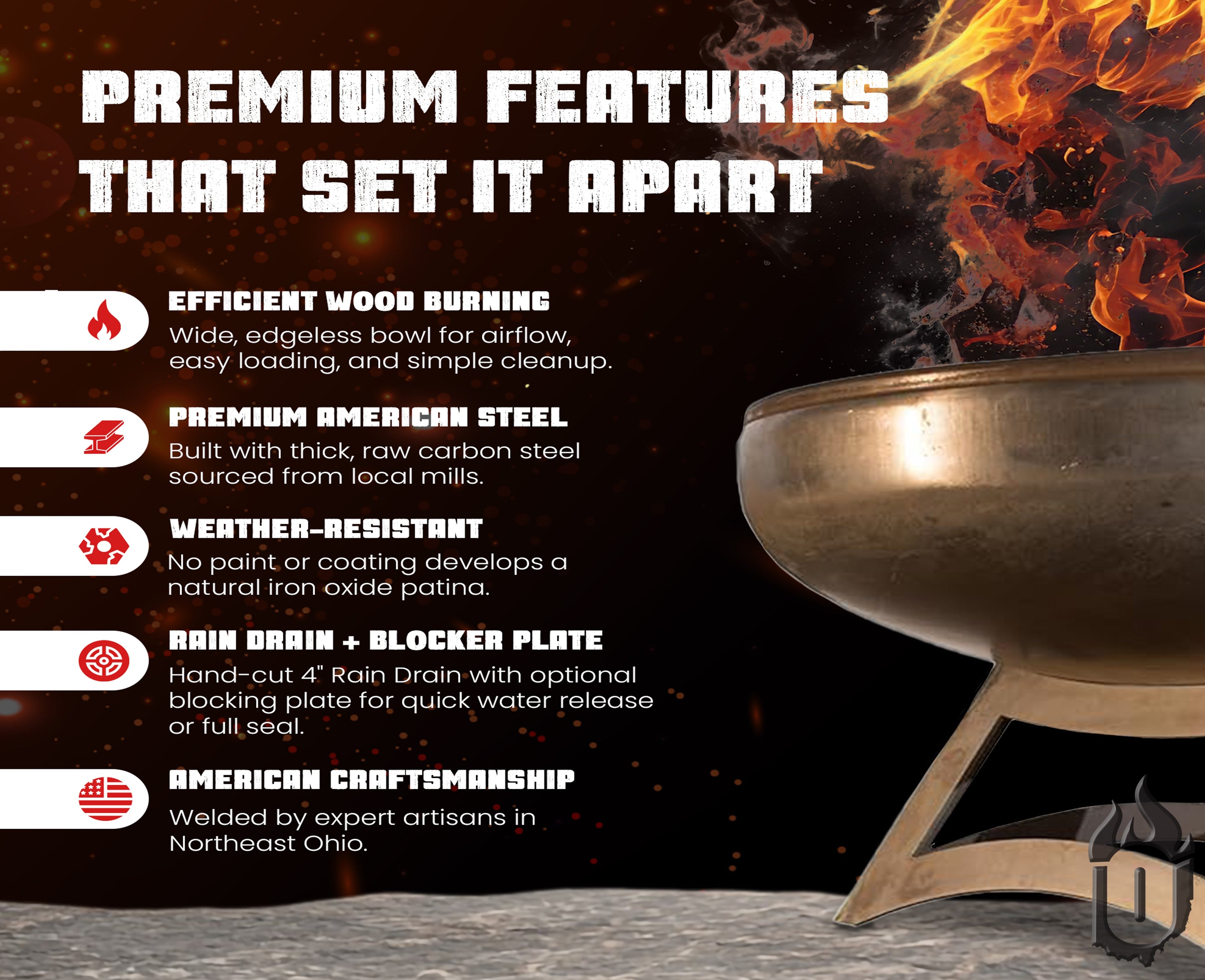 Ohio Flame Liberty American Fire Pit – Heavy-Duty Carbon Steel Outdoor Fire Bowl, Natural Steel Patina, Lifetime Warranty